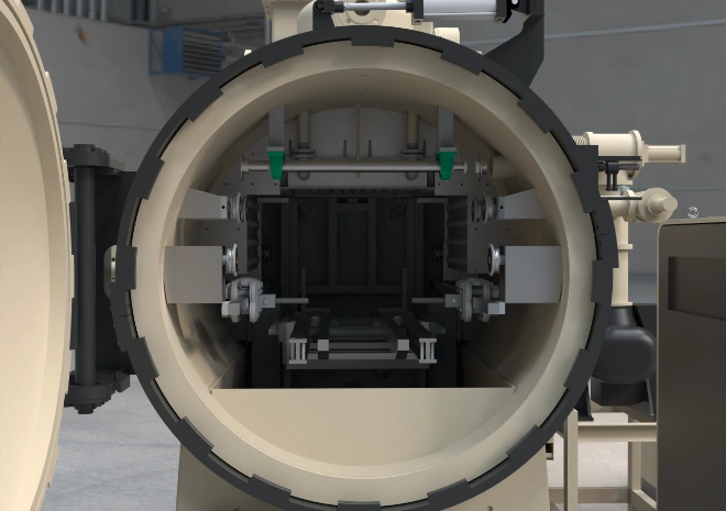 Internal graphite heating zone of a vacuum furnace ensuring uniform austenitizing for tool steel.
