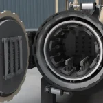 Interior view of a high-temperature vacuum brazing furnace showing the circular heating zone and work hearth.