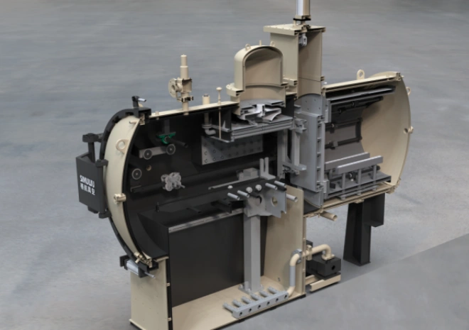 SIMUWU vacuum carburizing furnace featuring a horizontal cold-wall chamber for precise low-pressure carbon injection and high-integrity surface hardening