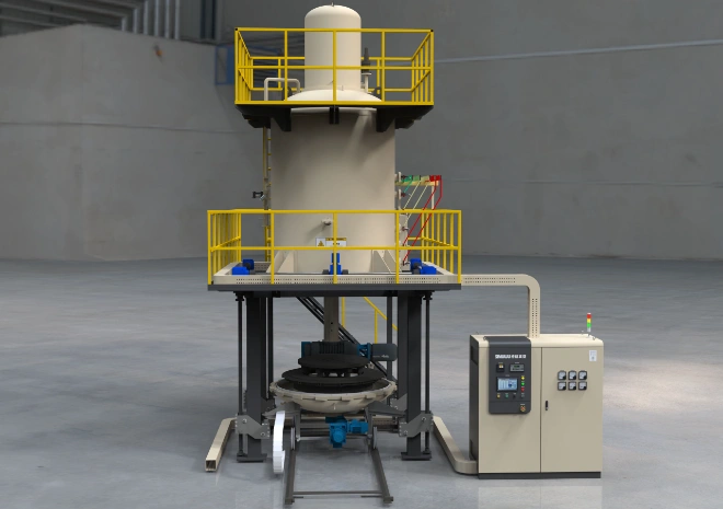 SIMUWU vertical vacuum gas quenching furnace utilizing bottom loading and graphite heating elements for distortion-free tool steel heat treatment