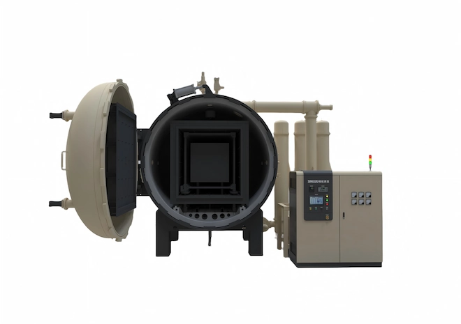 Internal view of a vacuum furnace heating chamber featuring graphite heating elements and a circular hearth designed for high-temperature sintering and densification of metal parts