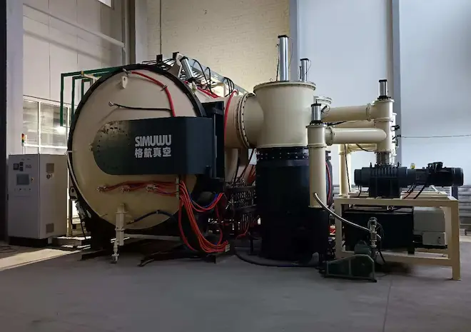 SIMUWU horizontal high-vacuum annealing furnace designed for bright heat treatment and dehydrogenation of Ti6Al4V alloy.