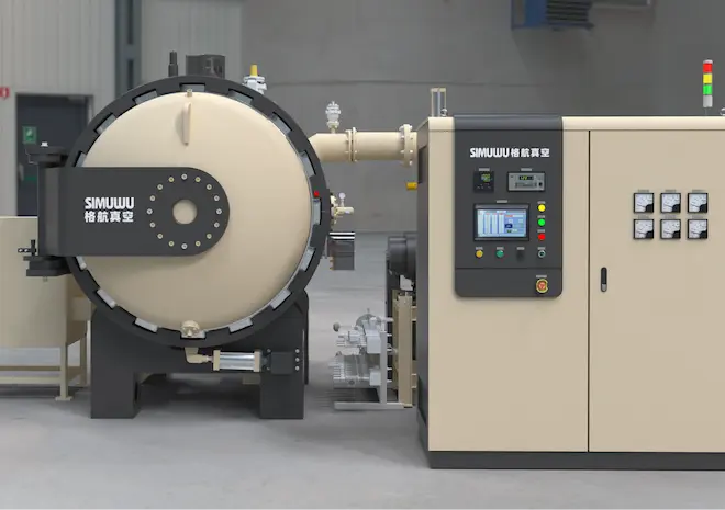 SIMUWU RVGQ-774 vacuum gas quenching furnace featuring a top-and-bottom opposing gas flow structure for high-pressure die-casting mold heat treatment.