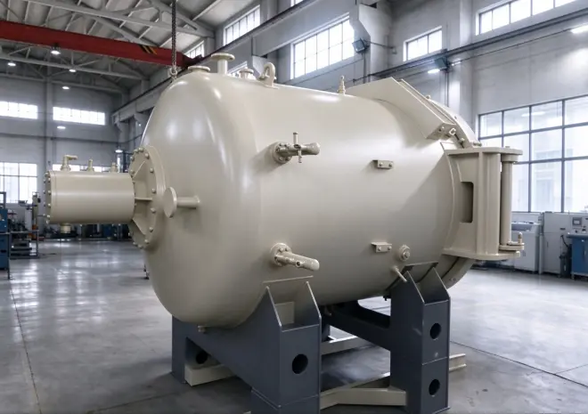Rear view of SIMUWU high-temperature vacuum heat treatment furnace prepared for delivery to Korea customer.