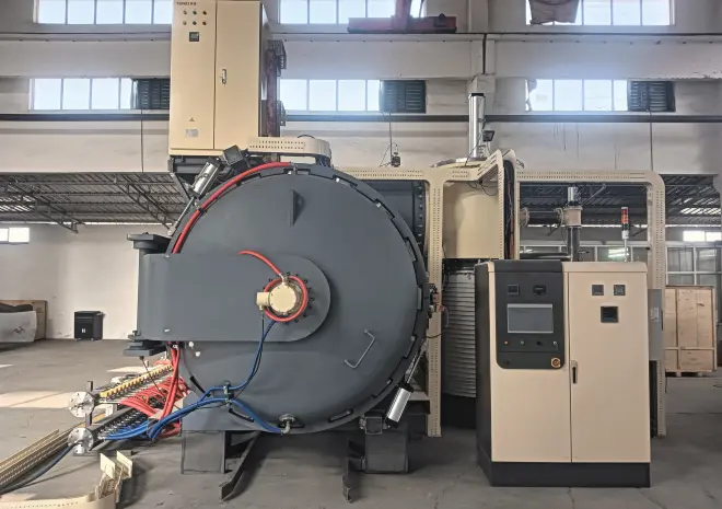 Front view of SIMUWU vacuum heat treatment furnace showing control panel and chamber door.